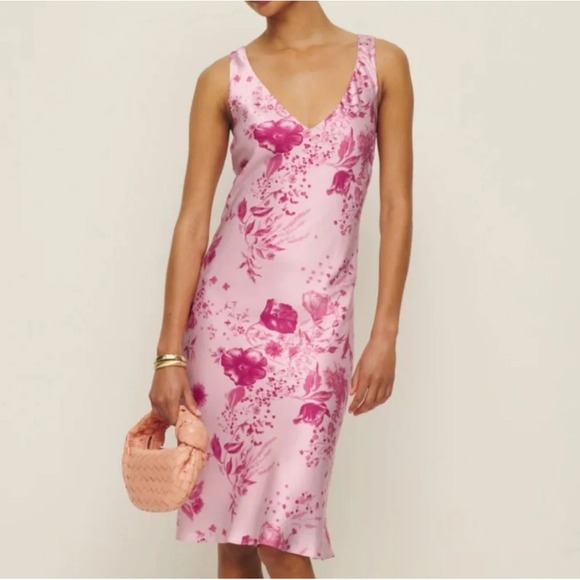 Reformation Dresses & Skirts - Reformation Lila Silk Midi Dress Milla Floral Pink V-Neck Slip Dress Large